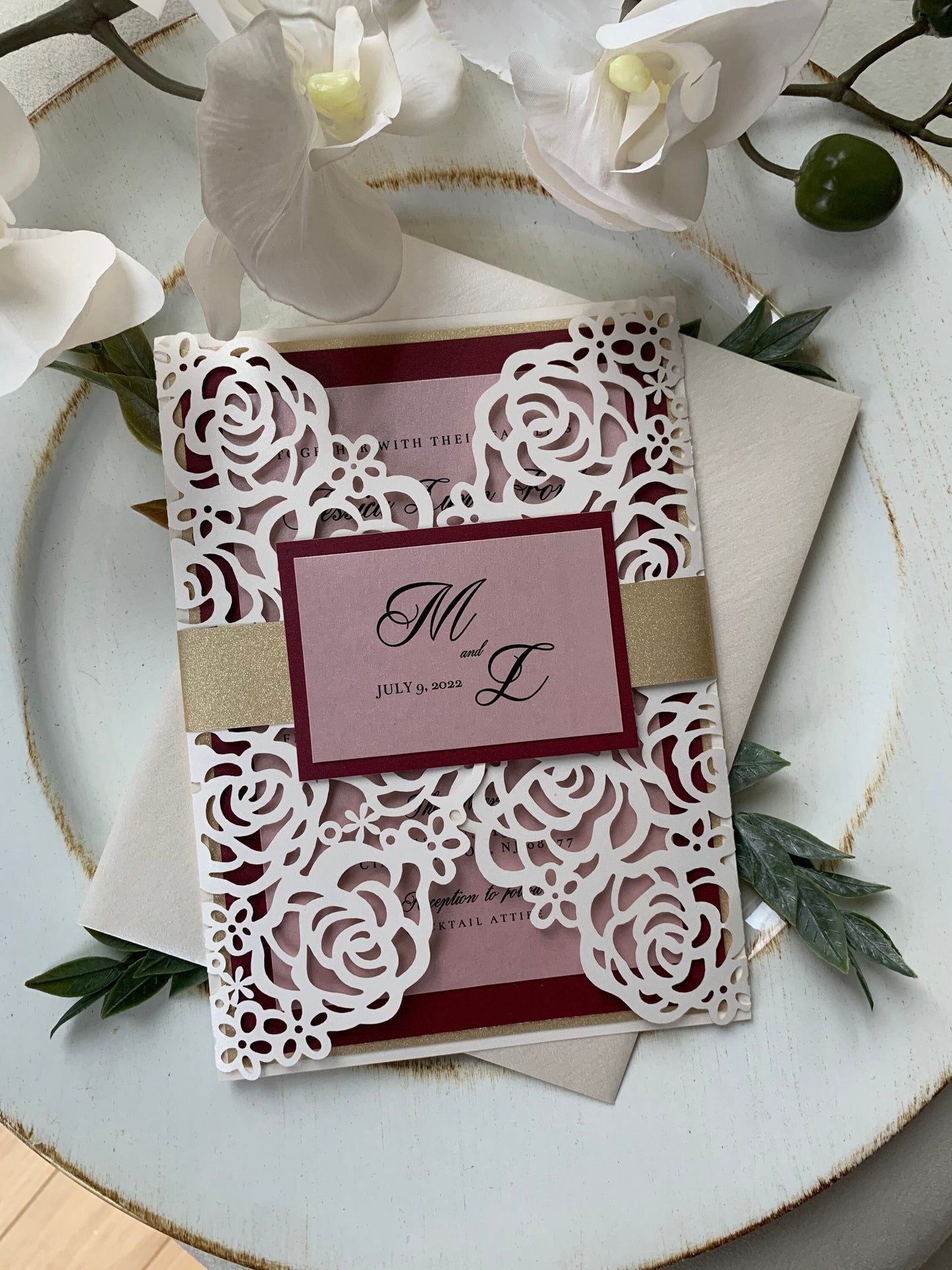 Burgundy and Blush Wedding Invitation Set/Suite Off white Wedding Invitation Elegant Wedding Invitation, Gold Wedding invitations, Laser Cut