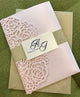 Blush Wedding Invitation Bundle, Blush and Gold Wedding Invitation Laser Cut Pocket, Blush Laser Cut Wedding Invitations Pink Gold Glitter