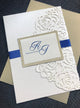Ivory Gold Glitter Lasercut invitation, Blue wedding invitations, Pocket fold laser cut invitation, DIY Wedding Invitation, wedding invites