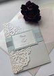 Sage Green Wedding Invitation Bundle, Sage and Silver Wedding Invitation Laser Cut Pocket, Ivory Laser Cut Wedding Invitations Green Glitter