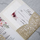 Glitter Gold burgundy laser cut Pocket Fold invitation with Red Satin belly band and Floral backer