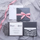 Grey Tri fold Laser Cut Pocket Folder Styled Invitation with Pink Satin Ribbon Bow