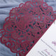 Burgundy Intricate Hearts Lace Tri fold Laser Cut Pocket Folder Elegant Luxury Invitation