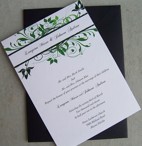 Flower wedding invitation, outdoor wedding invitation, green, black, ivory, white wedding invitation,  leaf invitation, flower invitation