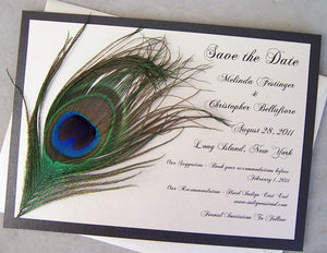 Peacock feather save the date, gold save the date, feather invitation, peacock save the date, ivory invitation, metallic invitation