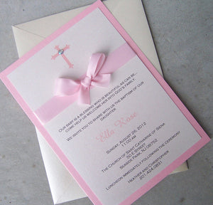Baptism invitation, Pink invitation, baby baptism invitation, cross invitation, bow invitation
