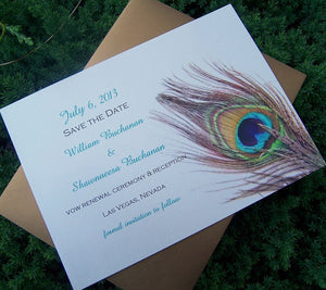 Peacock Save The Date Card: Feather Save The Date, Teal/Gold/Ivory/Navy Save The Date, Shower Invite, Elegant Handmade Wedding Invitation