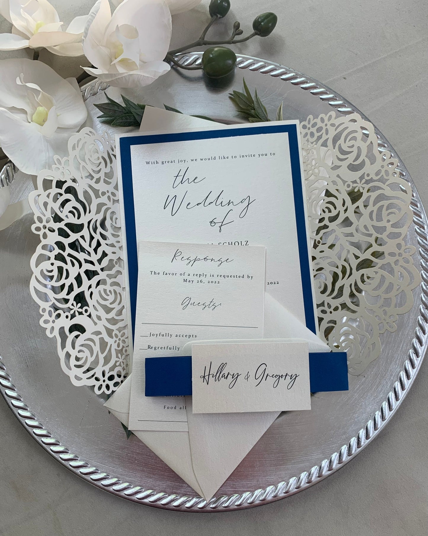 Royal Blue Wedding Invitation Set/Suite, Off white Wedding Invitation, Elegant Wedding Invitation, Ivory Wedding invitations, Laser Cut