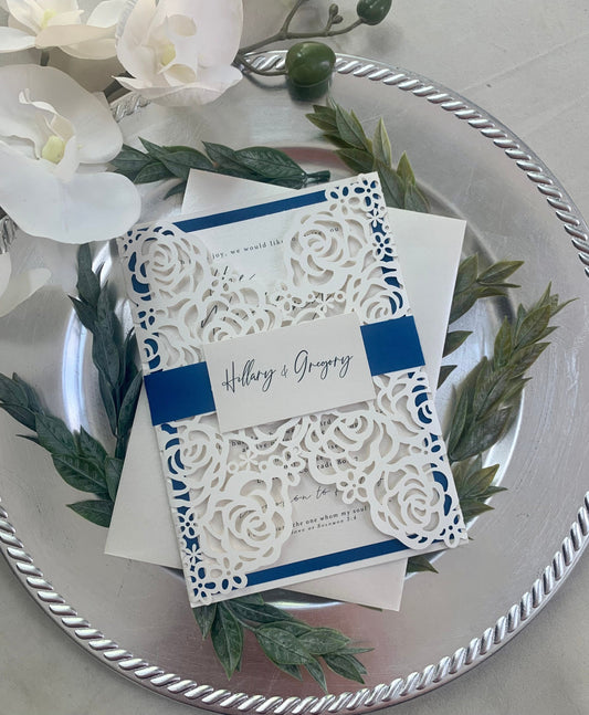 Royal Blue Wedding Invitation Set/Suite, Off white Wedding Invitation, Elegant Wedding Invitation, Ivory Wedding invitations, Laser Cut