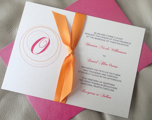 Monogram invitation, Ribbon invitation, Orange wedding invitation, Pink invitation, Fushcia invitation, Spring invite, wedding invitation