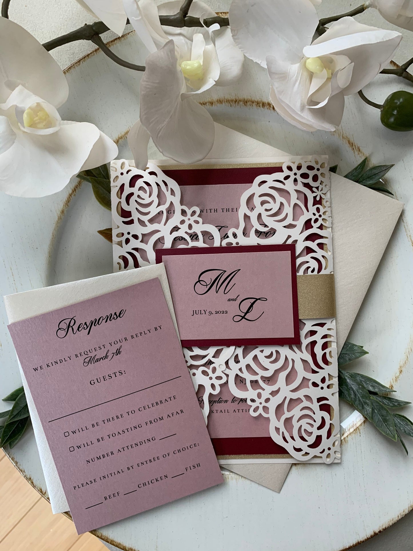 Burgundy and Blush Wedding Invitation Set/Suite Off white Wedding Invitation Elegant Wedding Invitation, Gold Wedding invitations, Laser Cut