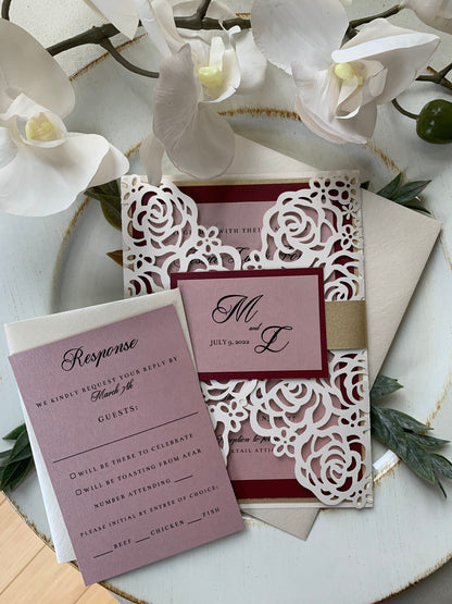 Burgundy and Blush Wedding Invitation Set/Suite Off white Wedding Invitation Elegant Wedding Invitation, Gold Wedding invitations, Laser Cut