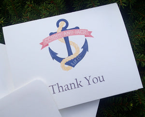 Custom Thank You Notes: Handmade Thank You Cards, Wedding Thank You Card, Personalized Nautical-Anchor Thank You Letters (Set of 25)
